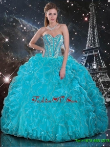Designer Aqua Blue Sweetheart Quinceanera Gowns with Beading and Ruffles