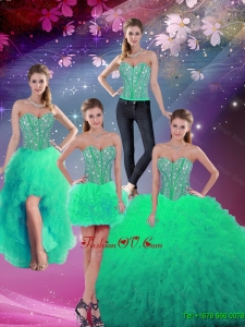 Luxurious Sweetheart Beaded and Ruffles Detachable Quinceanera Dresses in Apple Green for 2016 Spring
