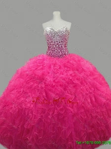 Puffy Sweetheart Hot Pink Quinceanera Dresses with Beading and Ruffles