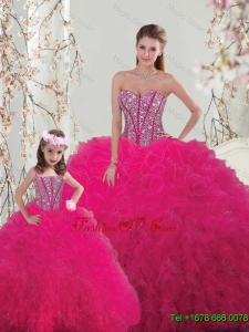 2015 Winter Classical Ball Gown Beaded and Ruffles Matching Sister Dresses in Hot Pink