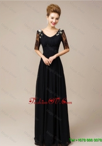 Cheap Lovely Gorgeous Half Sleeves Laced Black Prom Dresses with V Neck