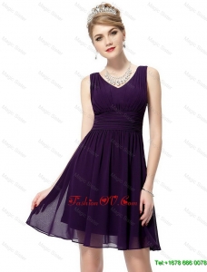 Beautiful Classical Luxurious V Neck Dark Purple Prom Dresses with Ruching
