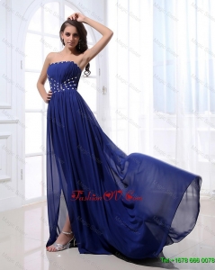 Gorgeous Beading Brush Train Strapless Prom Dresses in Royal Blue