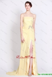 Beautiful Strapless Beaded and High Slit Prom Dresses in Yellow