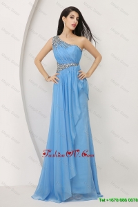 Discount Exquisite Latest Beaded Baby Blue Prom Dresses with One Shoulder