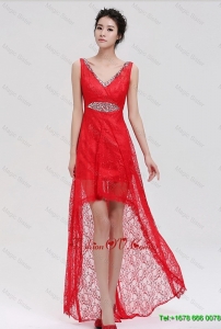 2015 Pretty V Neck Laced and Beaded Red Prom Dresses with High Low