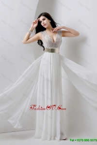 2016 Classical Empire V Neck White Prom Dresses with Beading and Belt