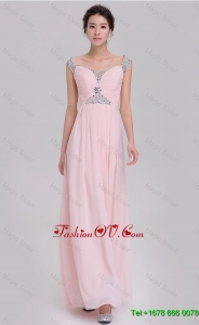 2016 Elegant Empire Off The Shoulder Cap Sleeves Pink Prom Dresses with Beading