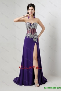 2016 Classical Luxurious Vintage Popular Brush Train Prom Dresses with Beading and High Slit