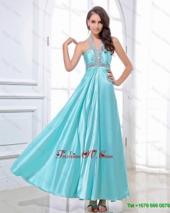 2016 Gorgeous Classical Luxurious Vintage Halter Top Beading Ankle Length Aqua Blue Prom Dresses