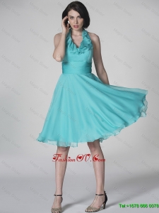 2016 The Super Hot Halter Top Turquoise Prom Dresses with Ruffles and Belt