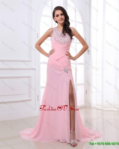 Gorgeous Exclusive Vintage Cheap Column Brush Train Prom Dresses with High Slit and Beading