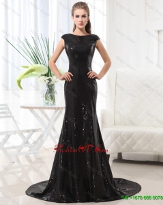 2016 Beautiful Column Bateau Brush Train Sequins Prom Dresses in Black