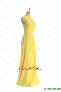 Cheap One Shoulder Long Yellow Prom Dresses with Bowknot