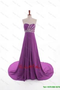 Modest Beaded Court Train Prom Dresses in Eggplant Purple