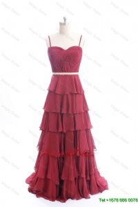 Modest Brush Train Belt and Ruffled Layers Prom Dresses in Wine Red