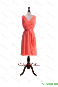 Modest Empire V Neck Prom Dresses with Sashes in Watermelon