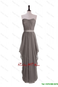 Modest Grey Long Prom Dresses with Ruching and Belt