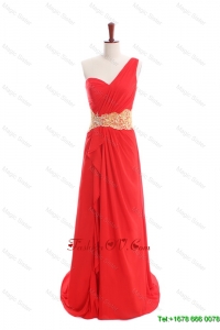 Vintage Appliques and Ruffles One Shoulder Prom Dresses with Sweep Train