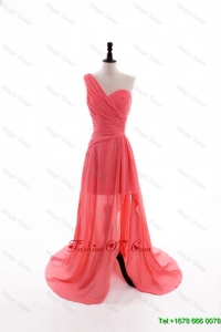 Vintage Column One Shoulder Watermelon Prom Dresses with Ruching