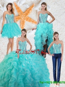 2015 Fall Gorgeous Aqua Blue Detachable Quinceanera Gowns with Beading and Ruffles