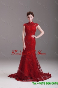 Exquisite Cap Sleeves Mermaid Wine Red Wedding Dresses with Brush Train