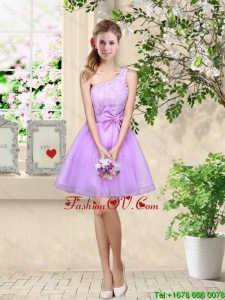 Popular A Line One Shoulder Laced Bridesmaid Dresses in Lavender