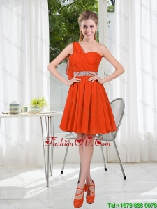Rust Red One Shoulder Bridesmaid Dresses with Beading and Belt
