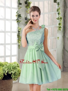 Custom Made One Shoulder Lace 2016 Bridesmaid Dresses with Bowknot
