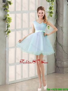 2016 Summer V Neck Strapless Short Dama Dresses with Bowknot