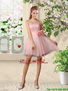 Beautiful Strapless Laced Dama Dresses with Hand Made Flowers