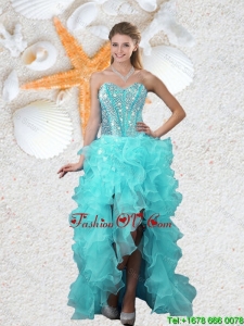Popular Beaded Sweetheart Aqua Blue Dama Dresses with High Low