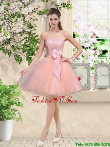 Popular Strapless Mini Length Prom Dresses with Appliques and Bowknot