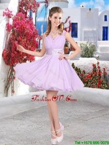 Pretty Mini Length Belt Chiffon Dama Dresses with V Neck