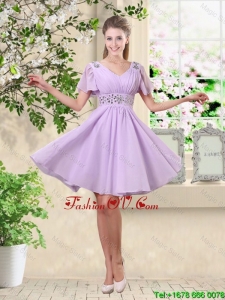 Simple A Line V Neck Beaded Prom Dresses in Lavender