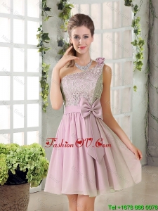 Discount A Line One Shoulder Pink Modest Prom Dresses with Bowknot