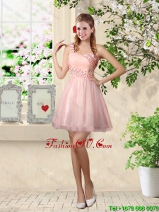 Affordable A Line One Shoulder Appliques Modest Prom Dresses in Pink