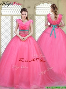 2016 Spring Fashionable Brush Train Quinceanera Dresses in Hot Pink