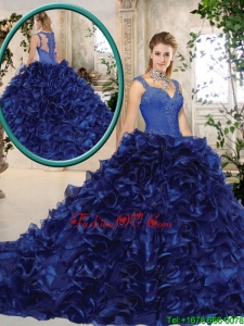 Perfect Straps Brush Train Quinceanera Gowns in Royal Blue