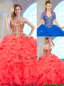 Fashionable Coral Red Quinceanera Gowns with Beading and Ruffles