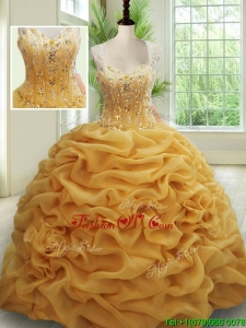 2017 Visible Boning See Through Back Brush Train Beaded Quinceanera Dress in Gold