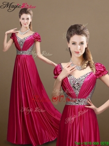Pretty Empire V Neck Beading Prom Dresses with Short Sleeves