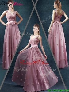 Classical V Neck Prom Dresses with Appliques and Belt