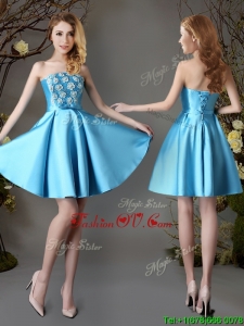 2017 Hot Sale Strapless Appliques and Bowknot Short Dama Dress in Baby Blue
