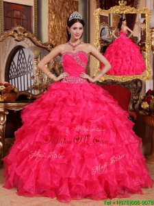 2016 Latest Coral Red Ball Gown Floor Length Quinceanera Dresses