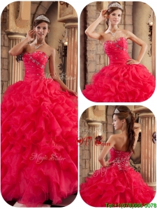 2016 New Arrivals Coral Red Ball Gown Floor Length Ruffles Quinceanera Dresses