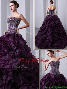 Spring Fashionable Sweetheart Beading and Ruffles Quinceanea Dresses with Brush Train