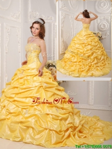 Pretty Ball Gown Court Train Appliques and Beading Quinceanera Dresses