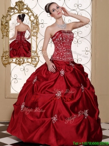 Unique Embroidery Wine Red Strapless Quinceanera Dresses