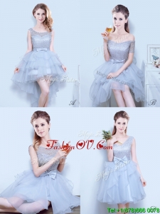 2017 Gorgeous Organza Grey Prom Dress with Lace and Bowknot
